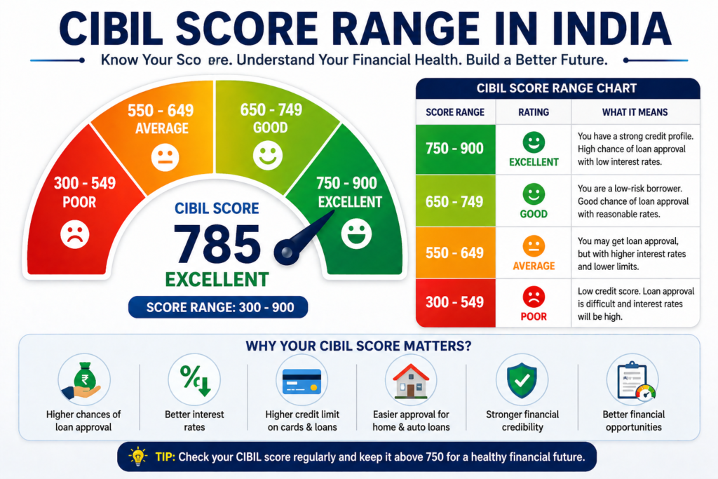 cibil score range india chart credit score 300 to 900 excellent good average poor rating 2026