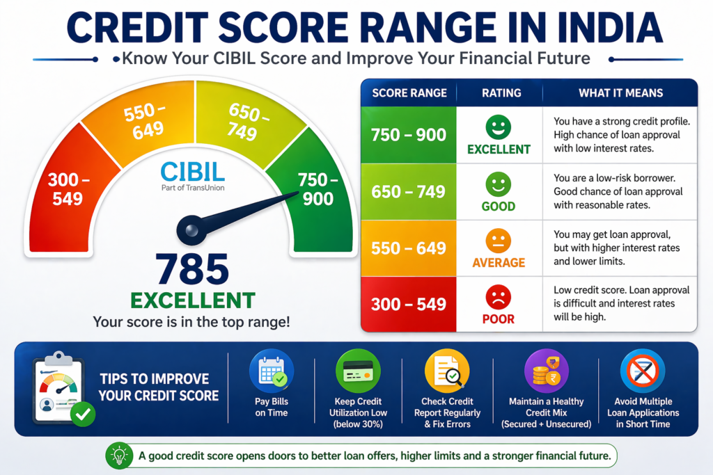 credit score range india cibil score chart 300 to 900 rating excellent good average poor 2026