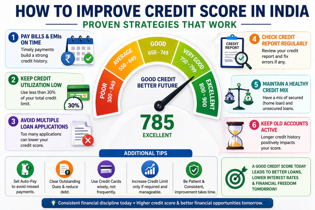 how to improve credit score india strategies pay bills reduce utilization check report credit mix 2026