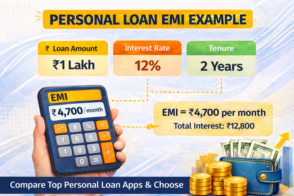 personal loan emi calculation example india 1 lakh loan 12 percent interest 2 years emi 4700