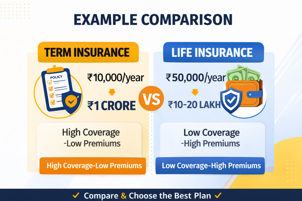 term insurance vs life insurance example india premium vs coverage comparison 2026