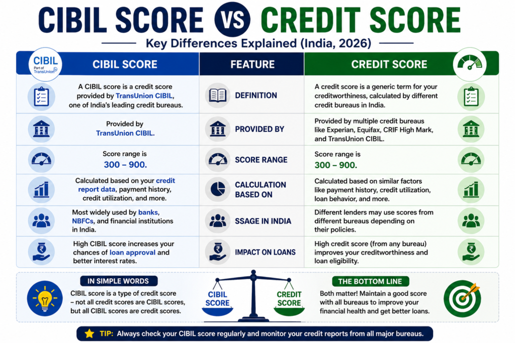 cibil score vs credit score comparison india chart differences explained 2026