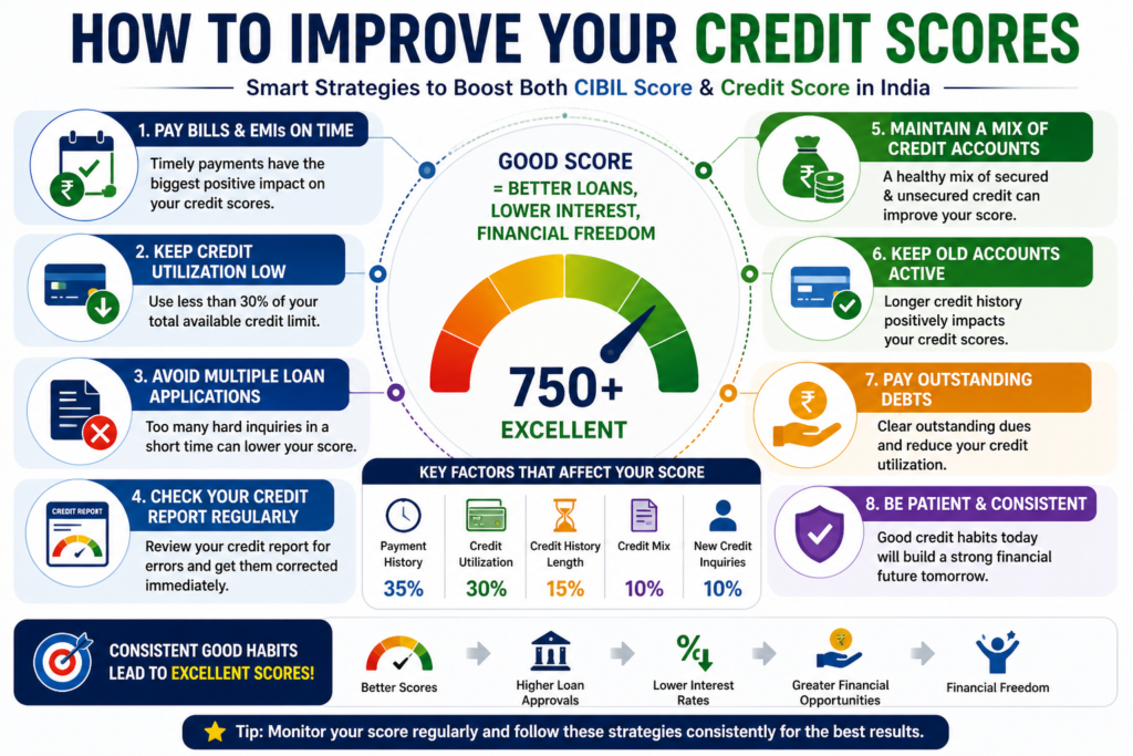 improve credit score strategy india cibil vs credit score tips increase score loan approval 2026