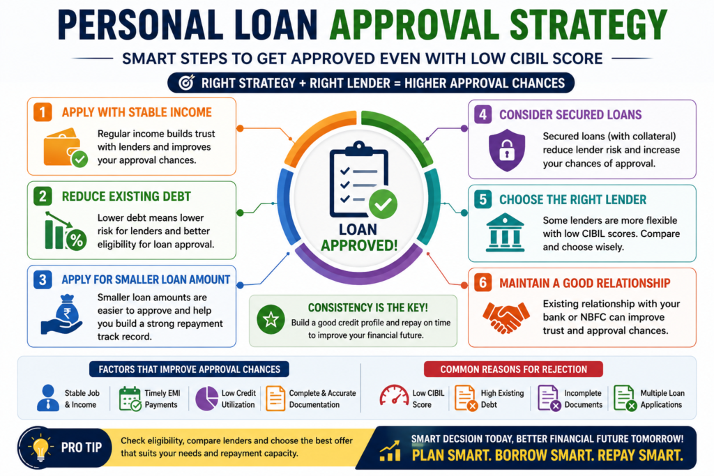 personal loan low cibil score approval strategy india improve eligibility tips 2026