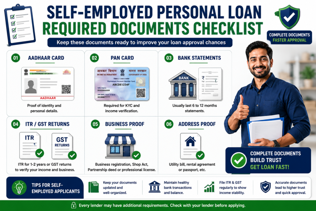 self employed personal loan required documents checklist india aadhaar pan itr bank statements 2026
