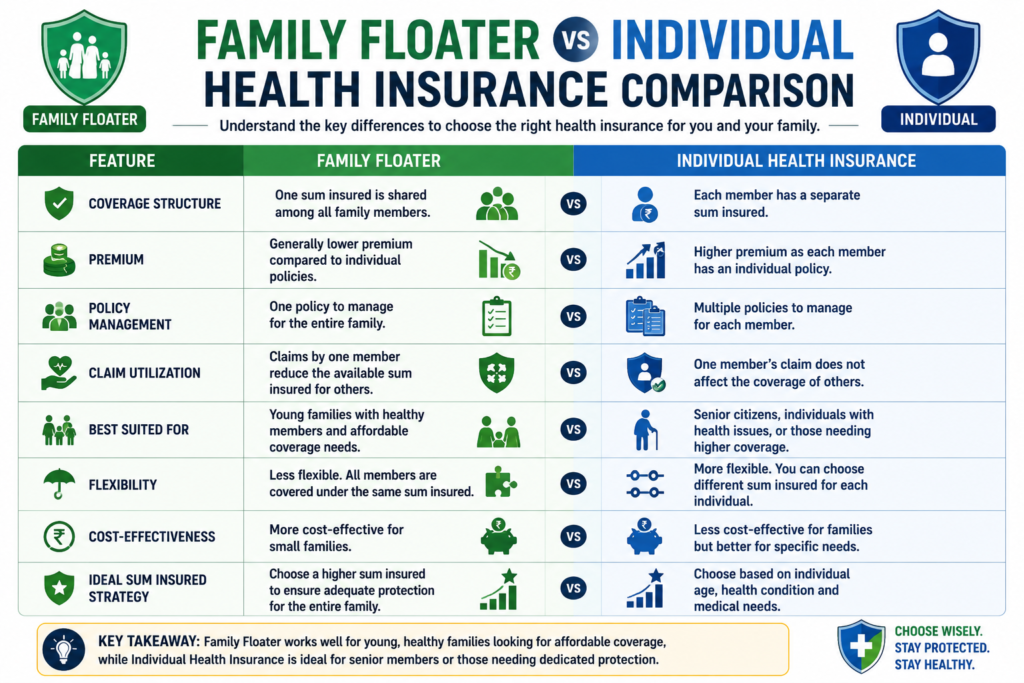 family floater vs individual health insurance comparison chart india coverage premium benefits 2026