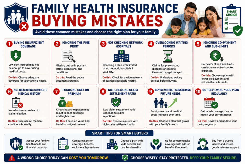 family health insurance buying mistakes india low coverage waiting periods exclusions 2026