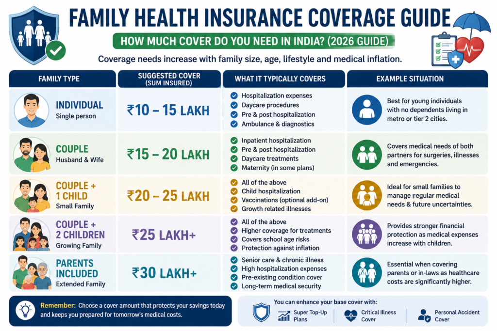 family health insurance coverage guide india recommended sum insured by family size 2026