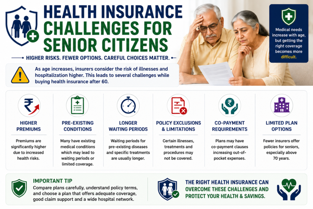 health insurance challenges for senior citizens higher premiums waiting periods pre existing conditions india 2026