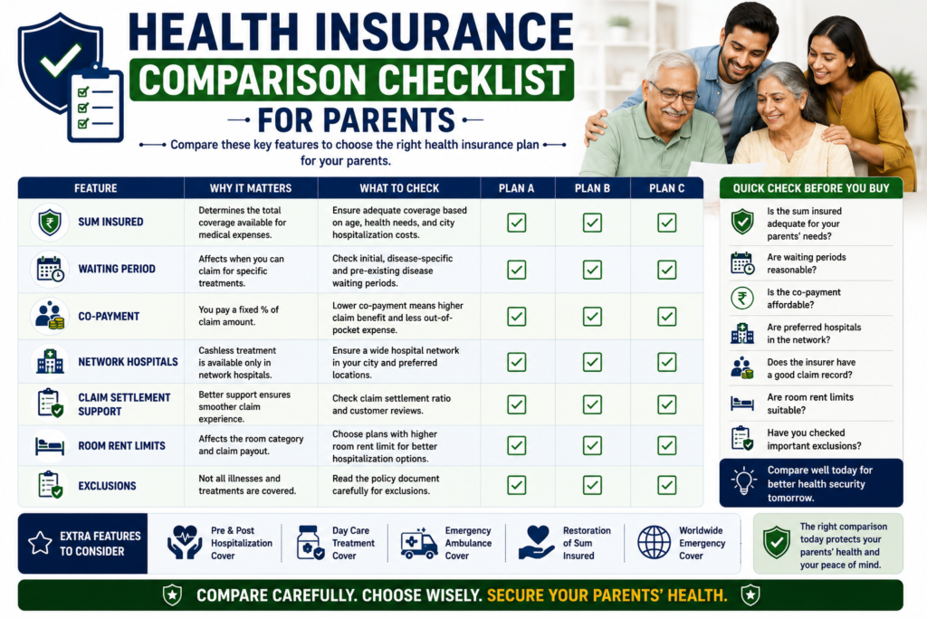 health insurance comparison checklist for parents india coverage waiting period claims 2026