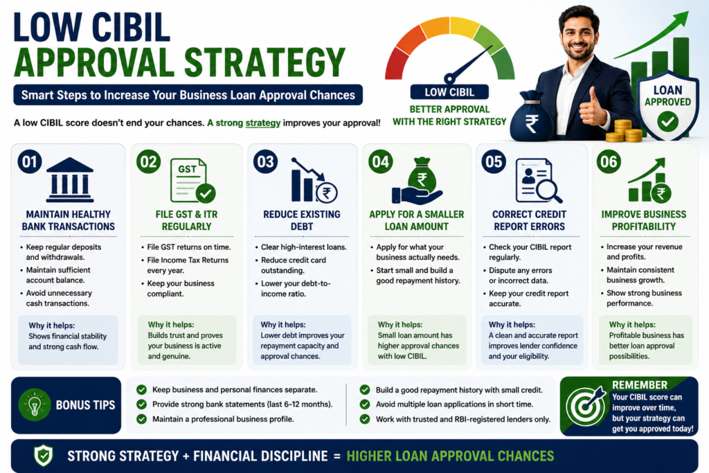 low cibil business loan approval strategy india improve approval chances 2026