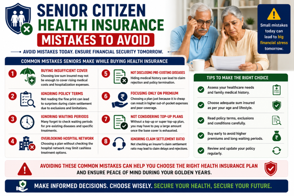 senior citizen health insurance mistakes india low coverage waiting periods policy exclusions 2026
